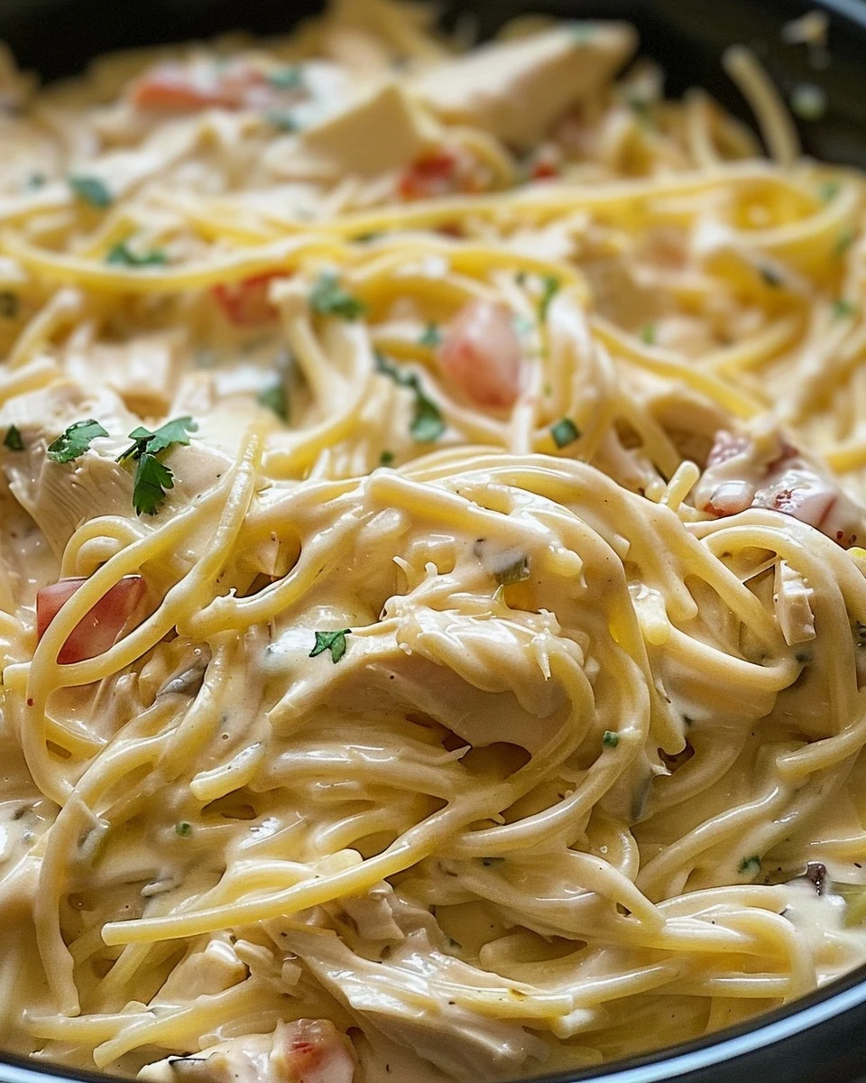 Easy Creamy Crockpot Chicken Spaghetti Recipe finished dish