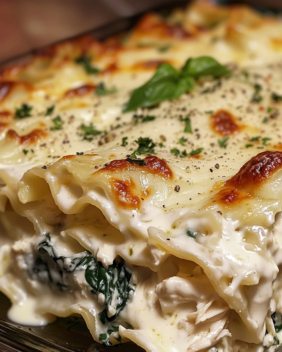 Easy Creamy White Cheese Chicken Lasagna Recipe finished dish