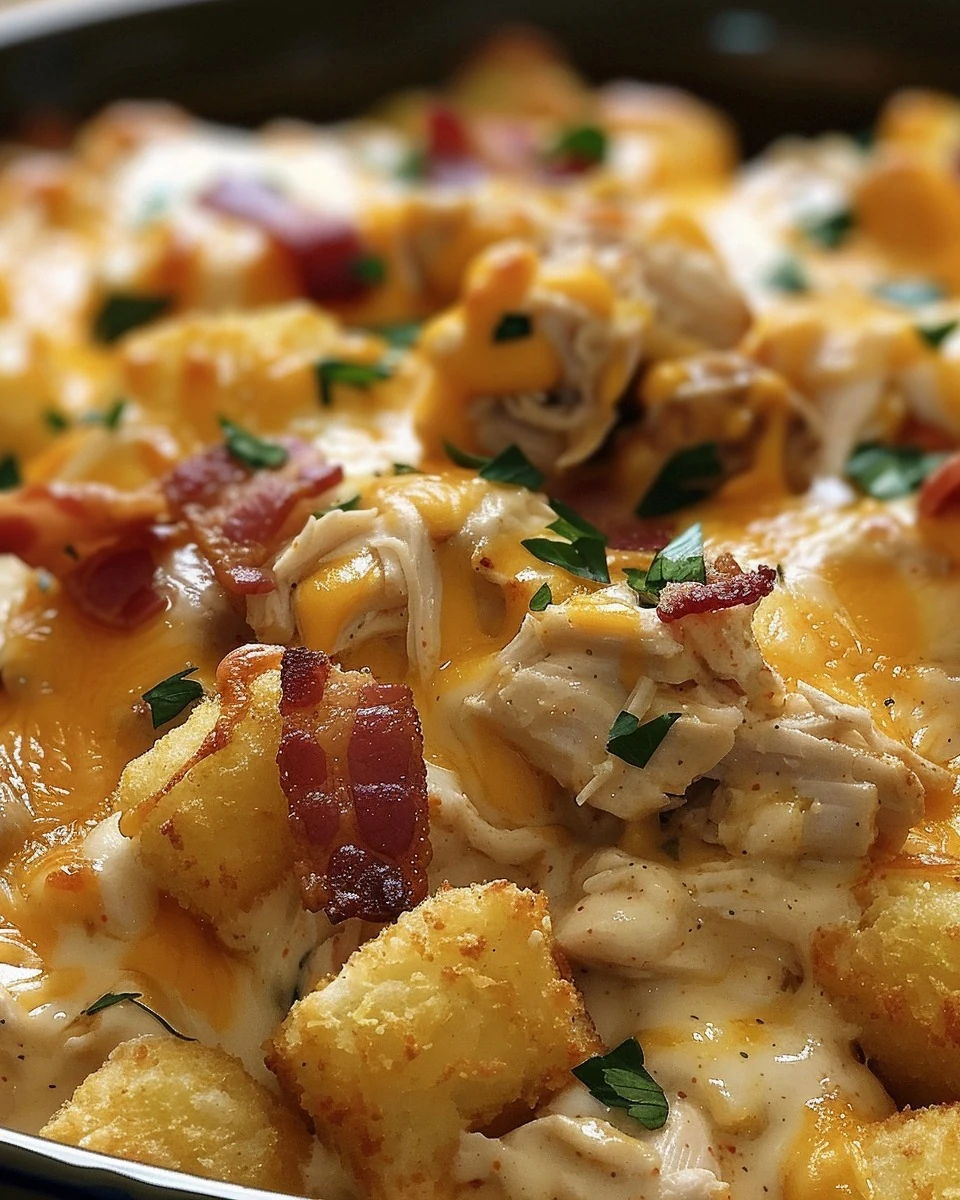 Easy CROCK POT CHEESY CHICKEN TATER TOT CASSEROLE Recipe finished dish