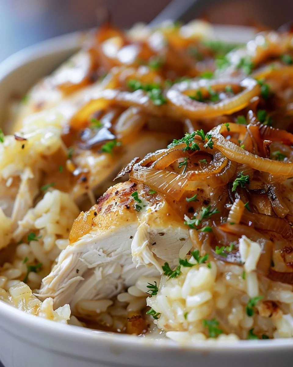 Easy Crockpot French Onion Chicken and Rice Recipe finished dish