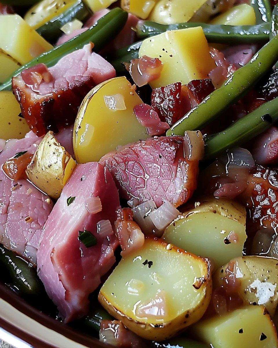 Easy Crockpot Ham Green Beans and Potatoes Recipe finished dish