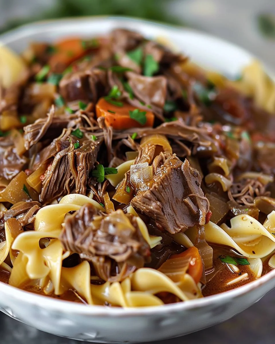 Easy Crockpot Mississippi Beef and Noodles Recipe finished dish