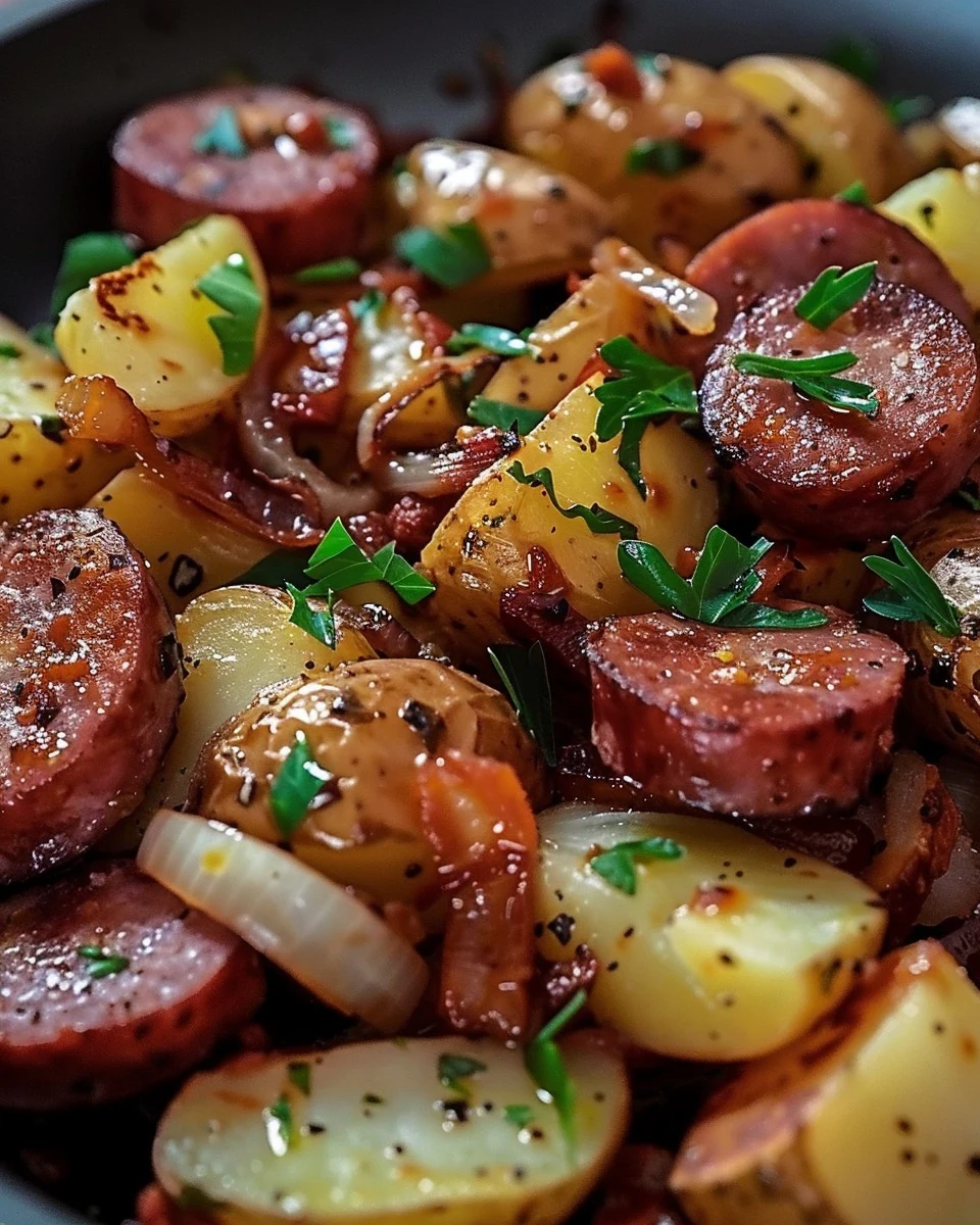 Easy Fried Potatoes Onions and Smoked Polish Sausage Recipe finished dish