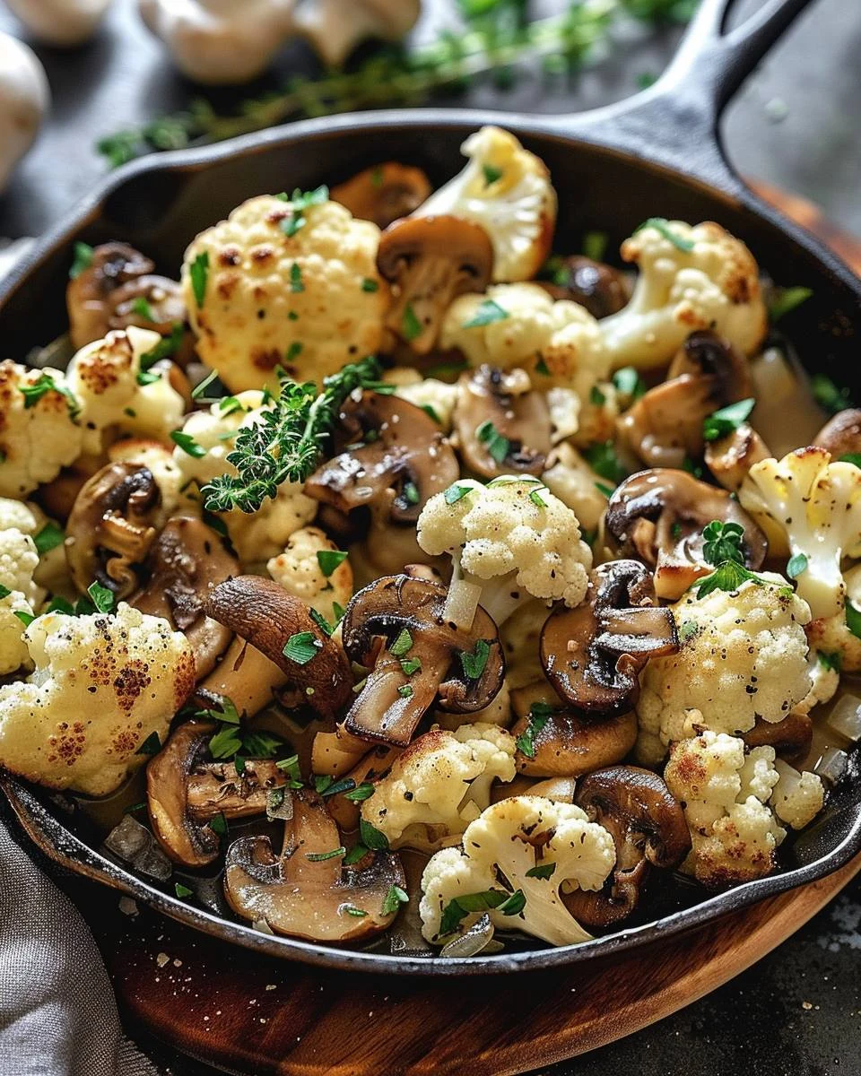 Easy Garlic Mushrooms Cauliflower Skillet Recipe finished dish