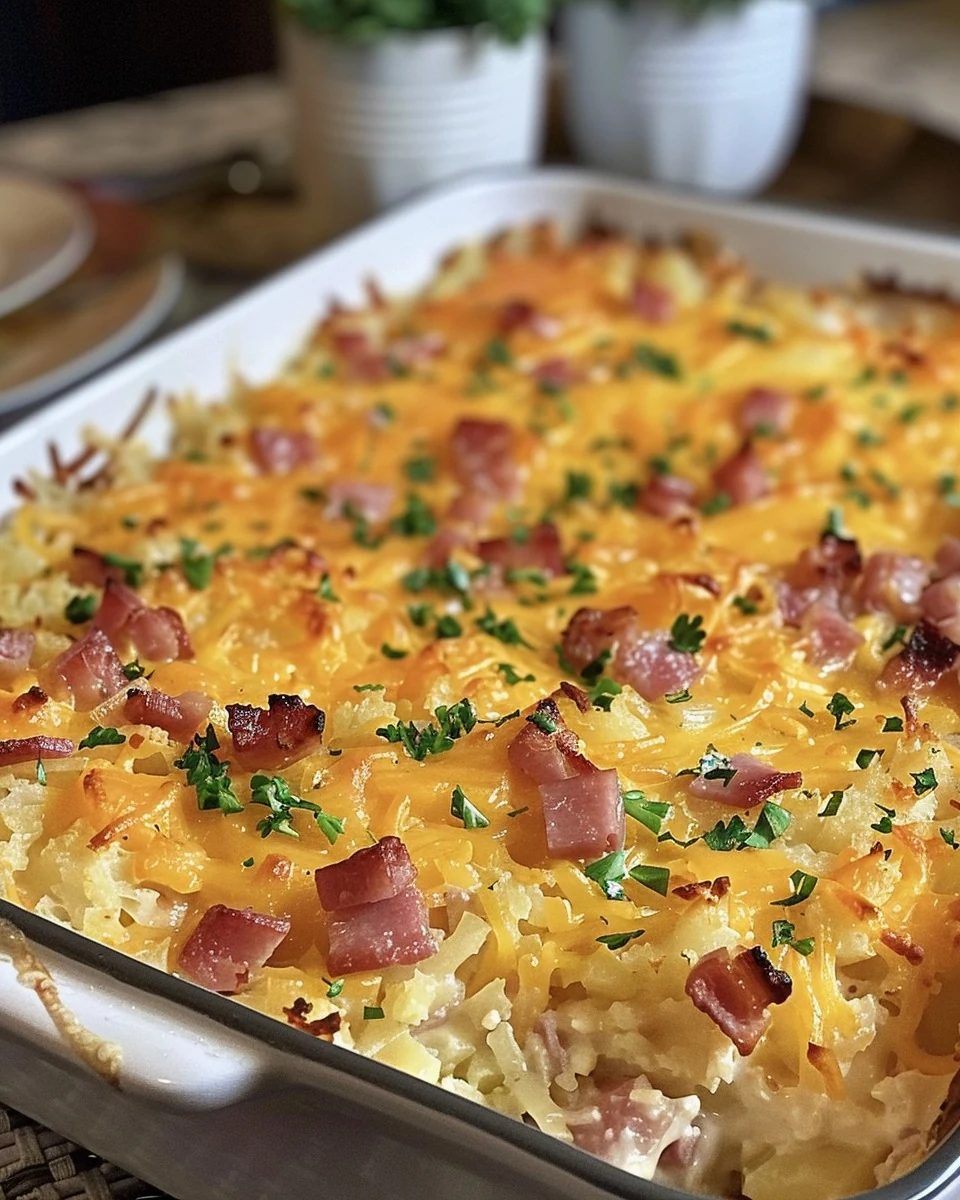 Easy Ham and Cheese Hash Brown Casserole Recipe finished dish