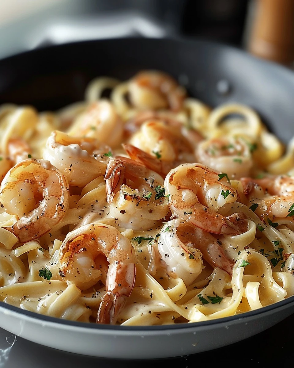 Easy One-Pan Shrimp Fettuccine Alfredo Recipe finished dish