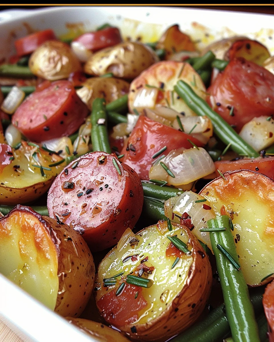 Easy Sausage Green Bean Potato Casserole Recipe finished dish