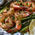 Easy Shrimp and Asparagus Foil Packs Recipe finished dish