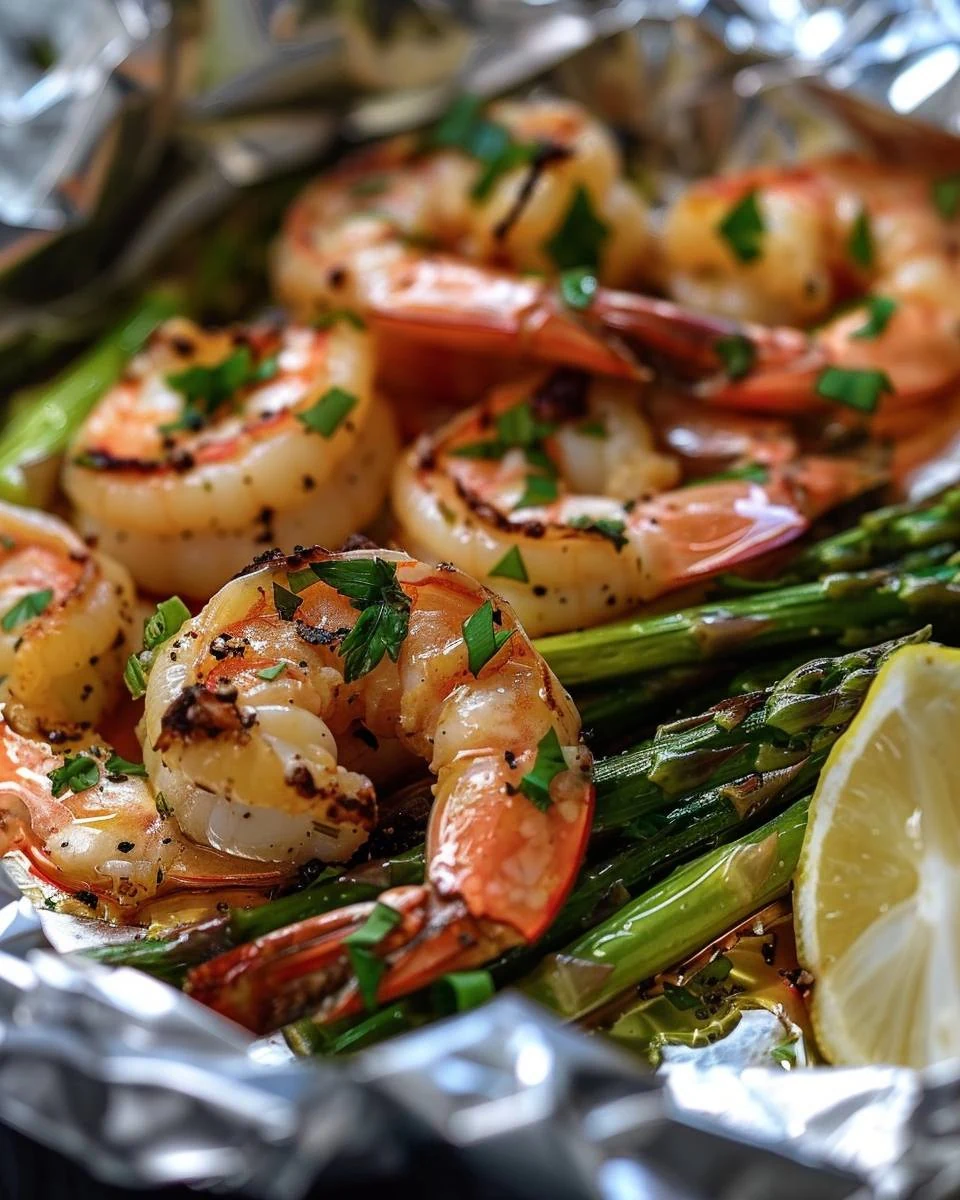Easy Shrimp and Asparagus Foil Packs Recipe finished dish