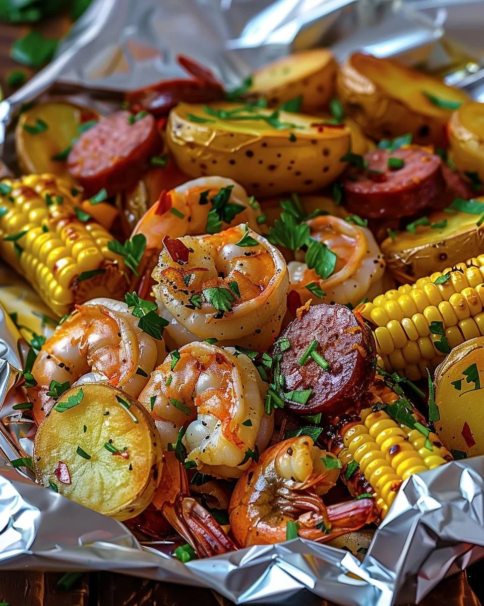 Easy Shrimp Corn Potatoes and Smoked Sausage Foil Pack finished dish