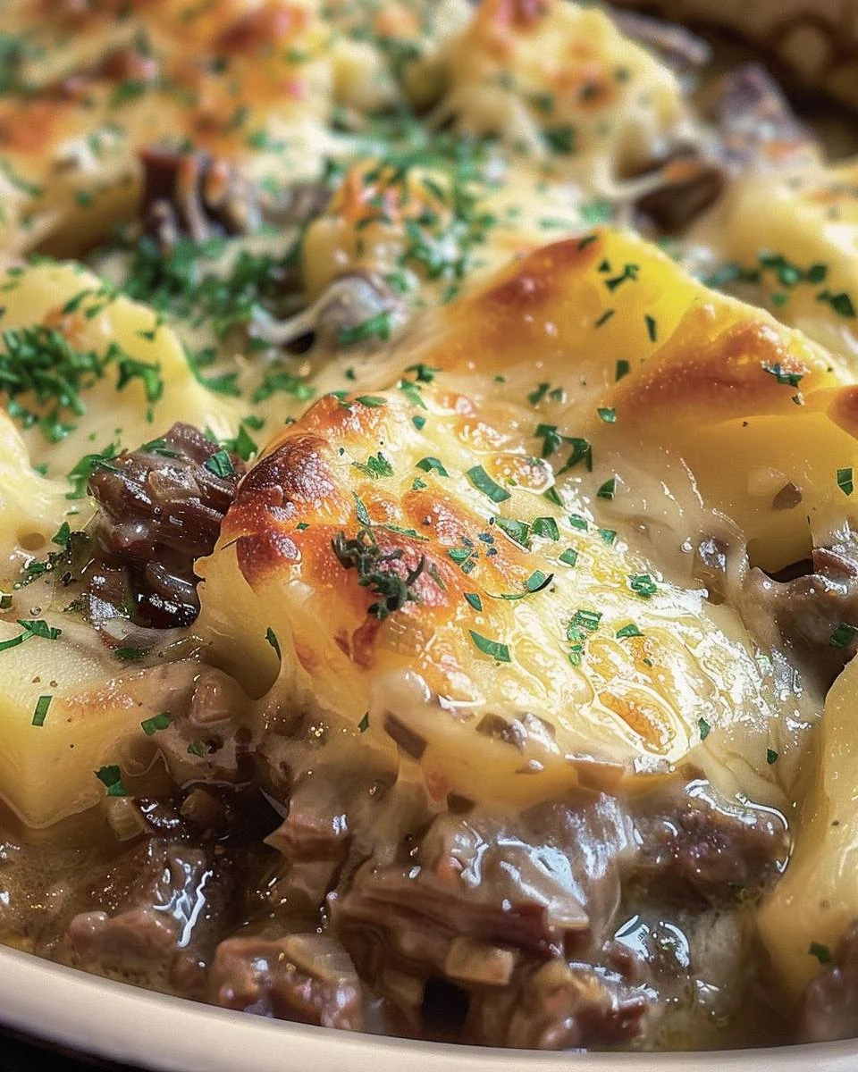 Easy Slow Cooker Beef and Potato Au Gratin Recipe finished dish