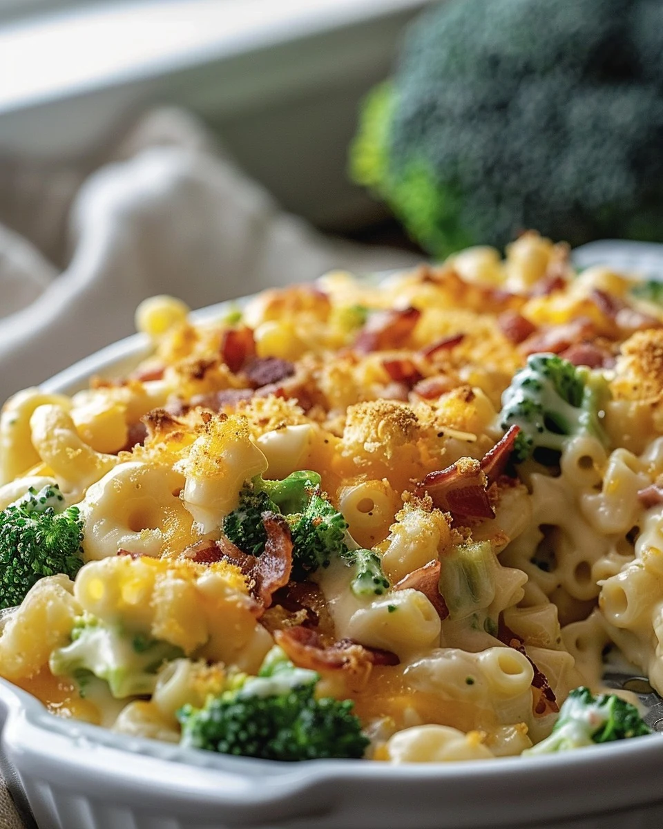 Easy Slow Cooker Broccoli Bacon Macaroni and Cheese Recipe finished dish