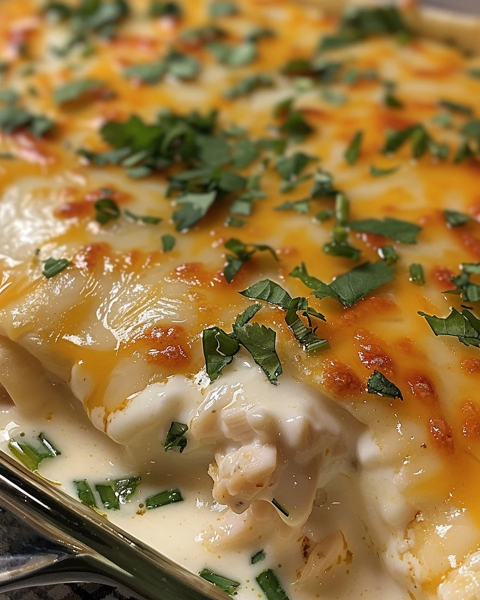 Easy Sour Cream Chicken Enchilada Casserole Recipe finished dish
