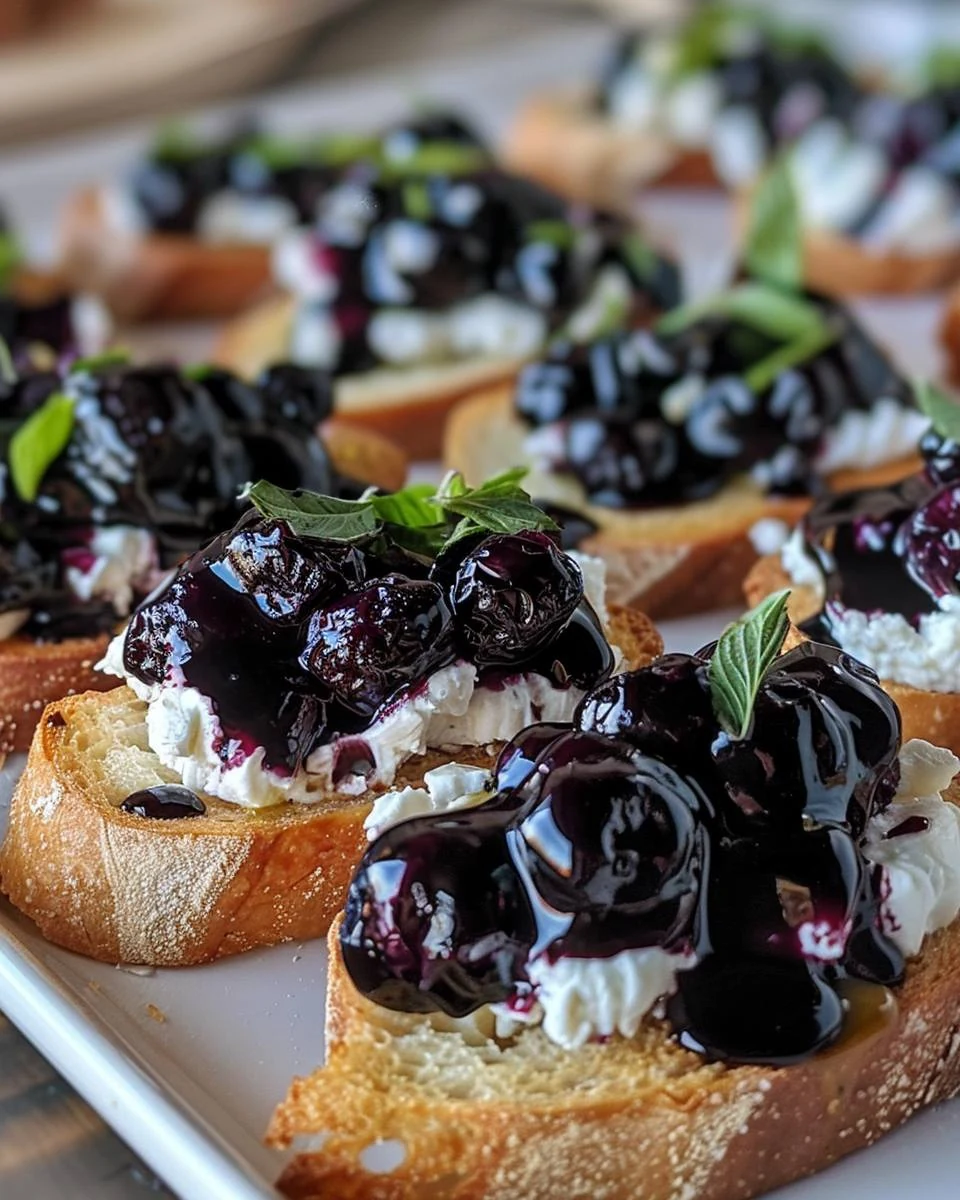 Elegant Balsamic Blueberry Goat Cheese Crostinis Recipe finished dish