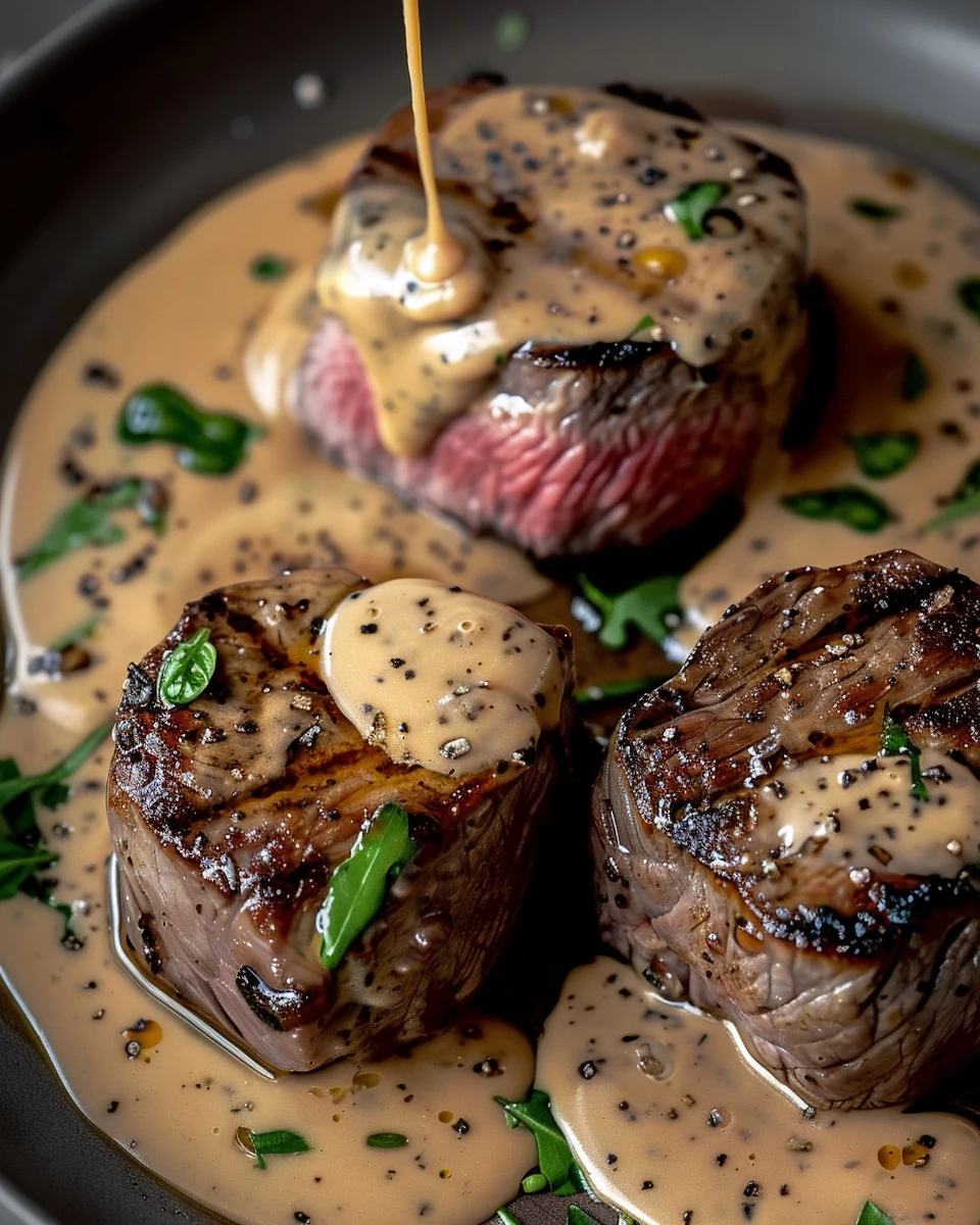 Exquisite Seared Filet Mignon in Shallot Peppercorn Cream Sauce