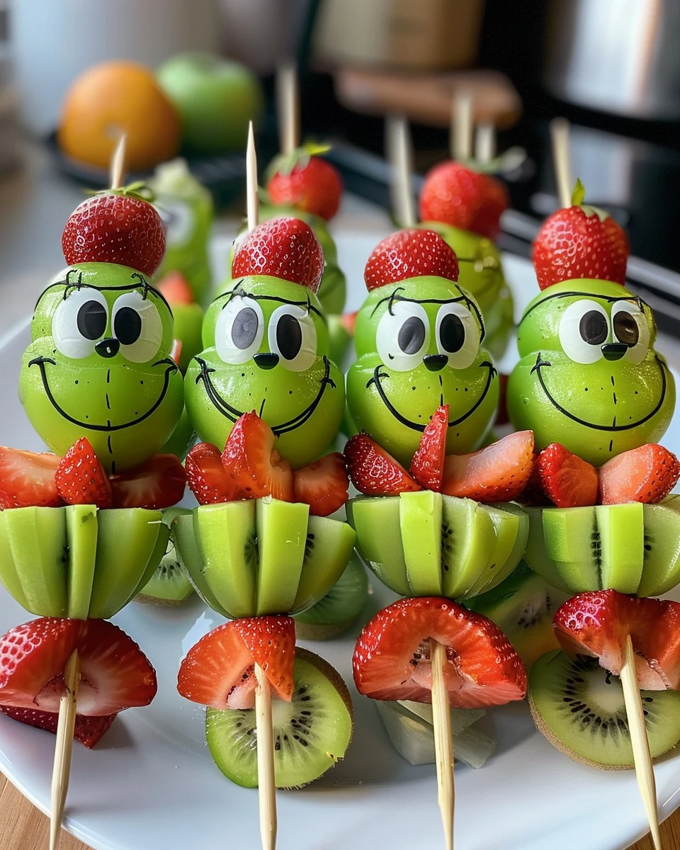 Festive Grinch Fruit Kabobs Recipe for the Holidays finished dish