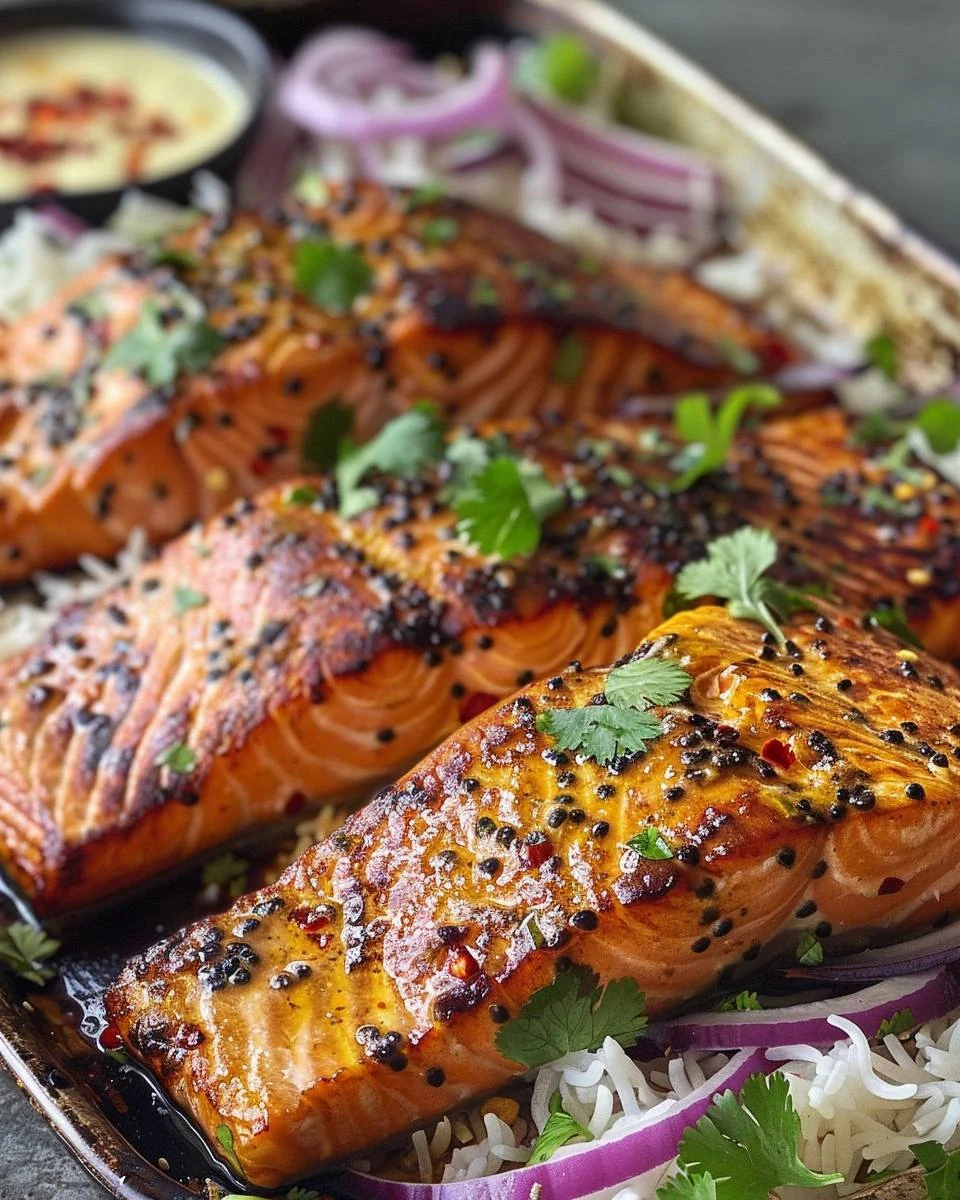 Flavorful Charred Chilli Salmon with Cabbage Salad finished dish