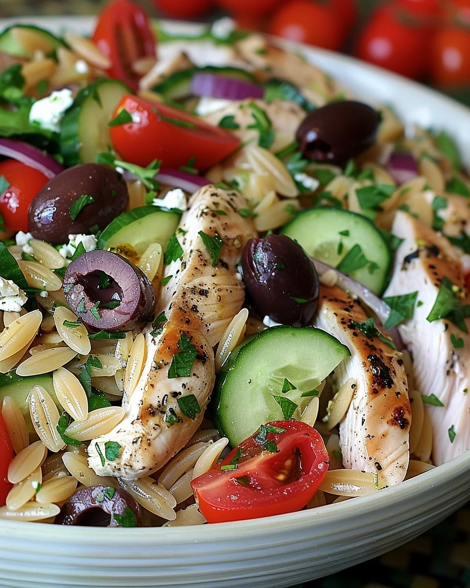 Flavorful Greek Chicken Orzo Salad Recipe finished dish