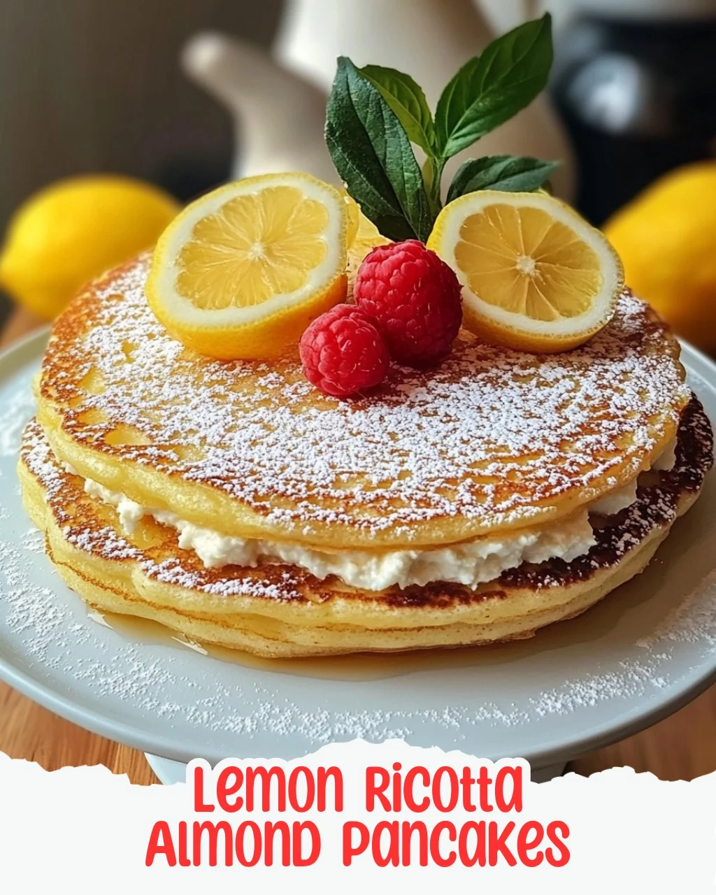 Fluffy Lemon Ricotta Almond Pancakes Recipe finished dish