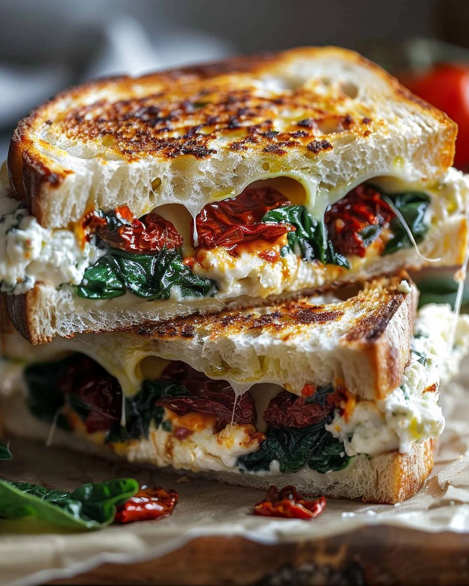 Gourmet Sun-Dried Tomato Spinach and Ricotta Grilled Cheese finished dish