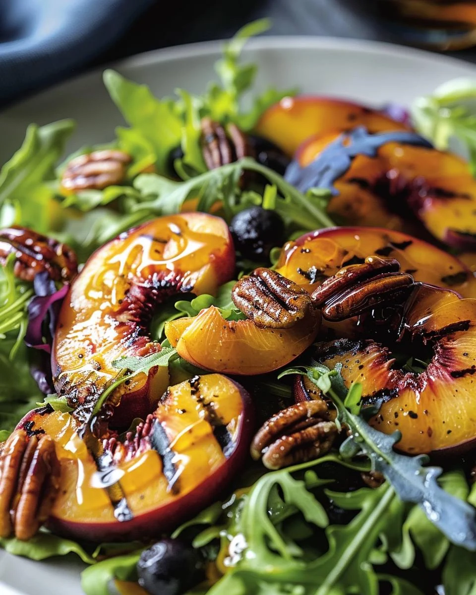 Grilled Peach Salad with Curry Pecans & Honey Vinaigrette Recipe finished dish
