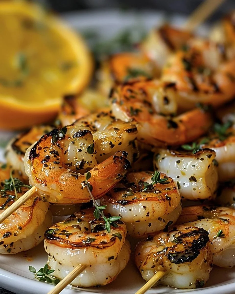 Grilled Shrimp Skewers with Citrus and Charred Thyme Recipe finished dish
