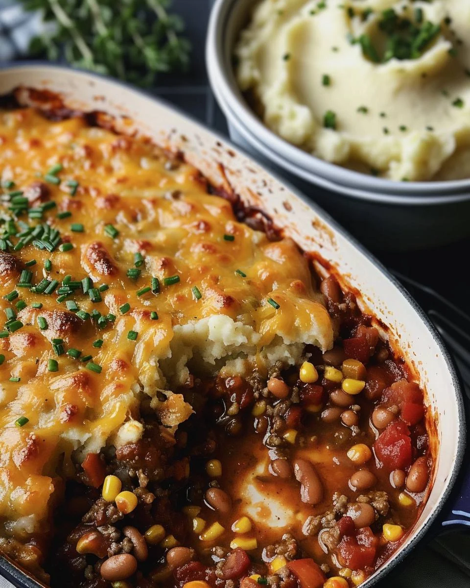 Hearty Chilli Bean Bake with Soured Cream Mash Recipe finished dish