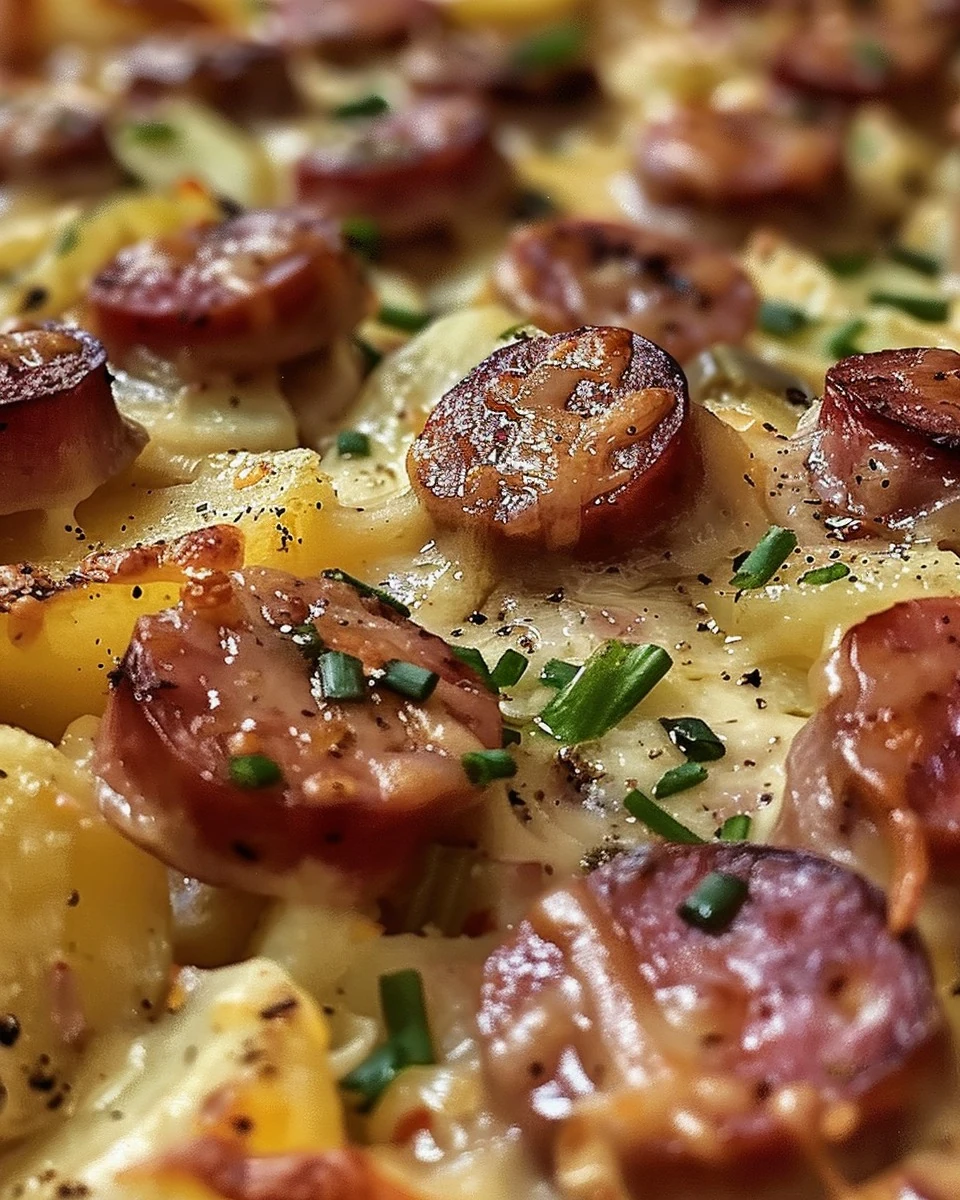 Hearty Kielbasa Sausage Cheesy Potato Casserole Recipe finished dish