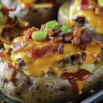 Indulge in BACON CHEESE BURGER TWICE BAKED IDAHO POTATOES finished dish