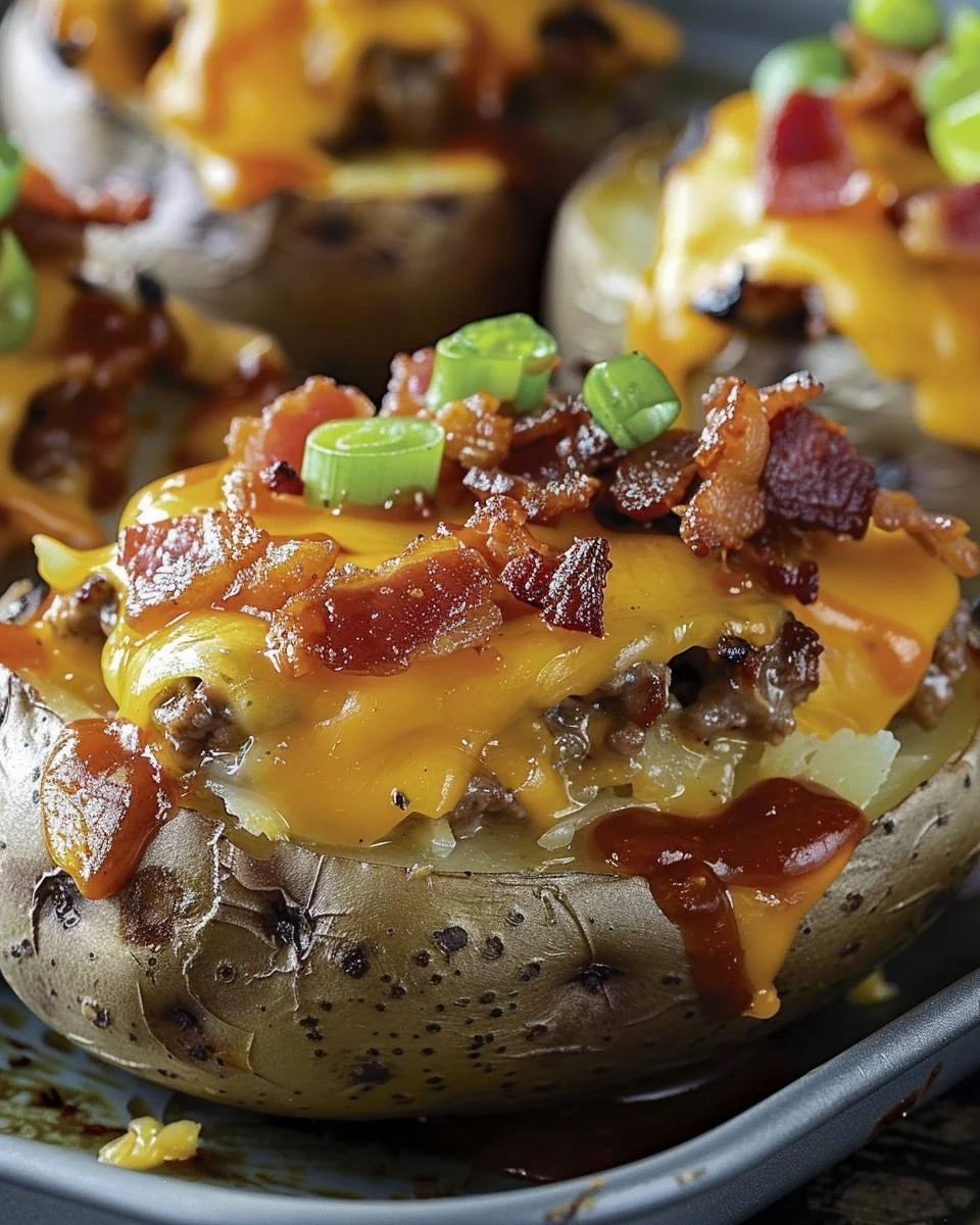 Indulge in BACON CHEESE BURGER TWICE BAKED IDAHO POTATOES finished dish