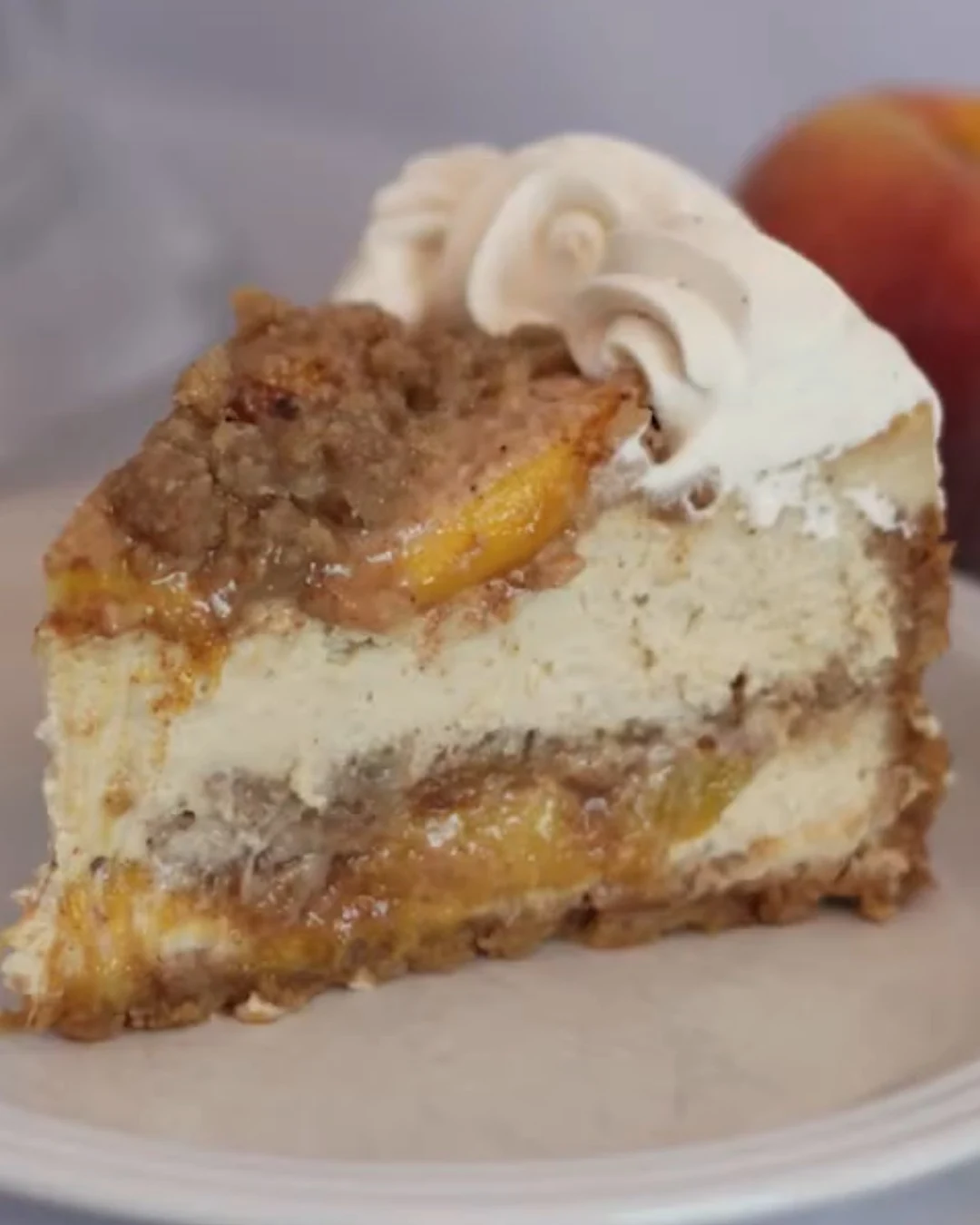 Indulge in Bourbon Peach Streusel Cheesecake Today finished dish