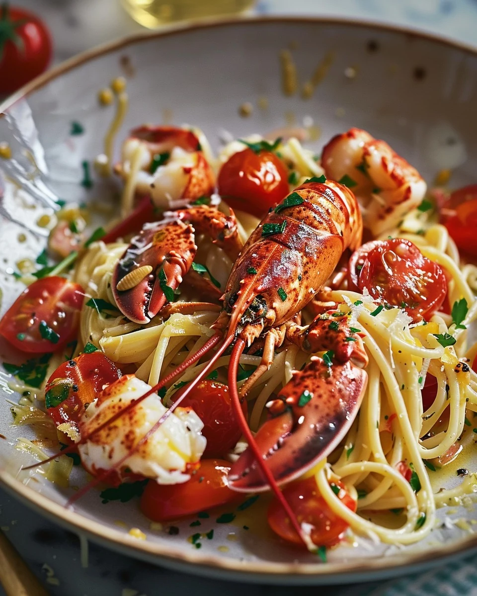 Indulge in Buttered Lobster Pasta with Cherry Tomatoes finished dish