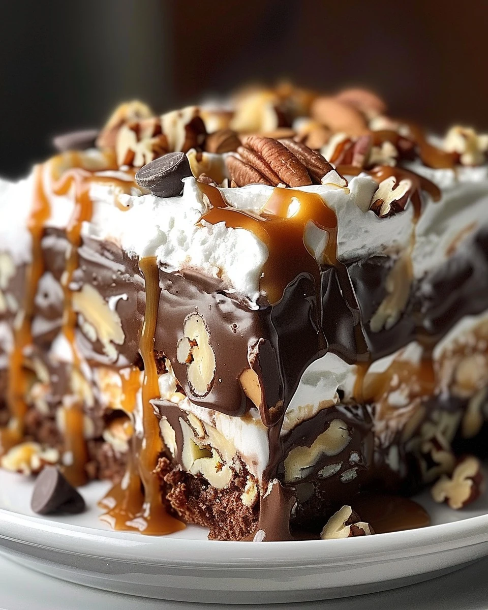 Indulge in Caramel Turtle Poke Cake Delight finished dish