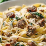 Indulge in Creamy Tuscan Sausage Pasta Tonight finished dish