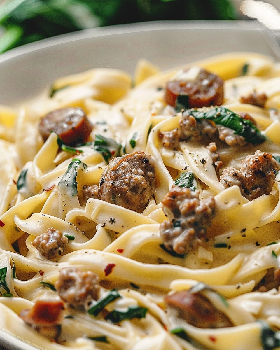 Indulge in Creamy Tuscan Sausage Pasta Tonight finished dish