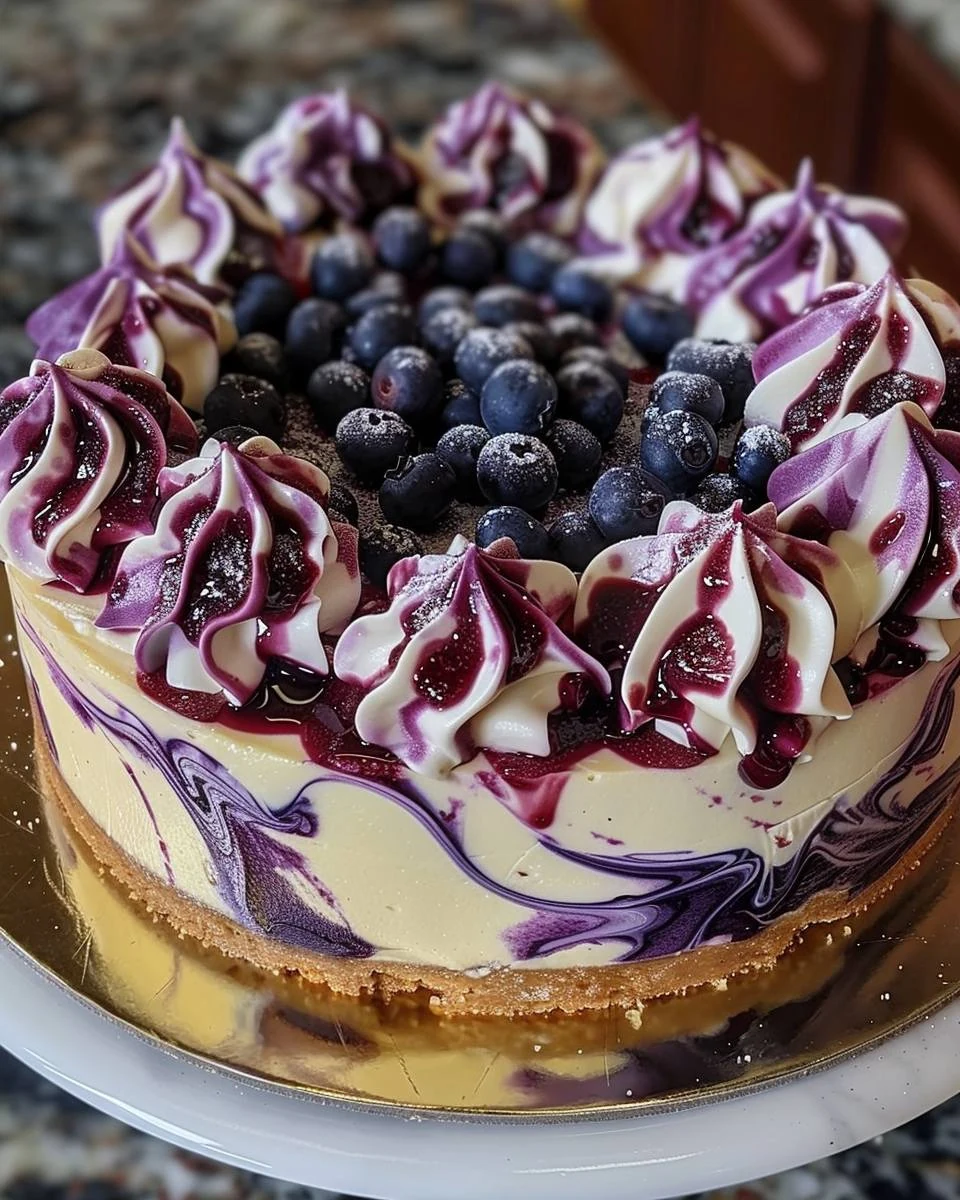 Indulge in Elegant White Chocolate Blueberry Swirl Cheesecake finished dish