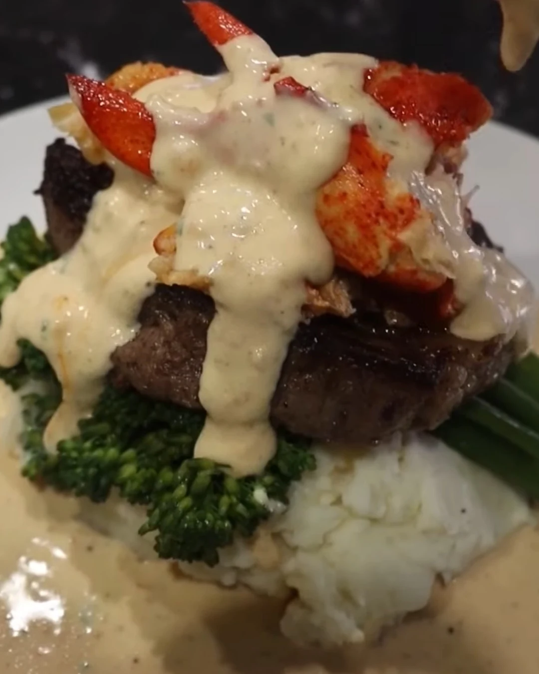 Indulge in Filet Mignon with Shrimp and Lobster Cream Sauce finished dish