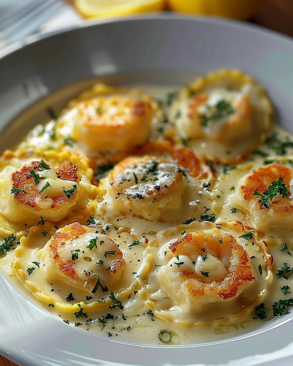 Indulge in Gourmet Lobster Ravioli with Lemon-Parmesan Sauce finished dish