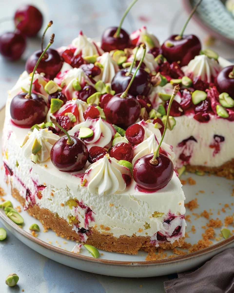 Indulge in Luscious Lemon-Lime Cherry Pistachio Cheesecake finished dish