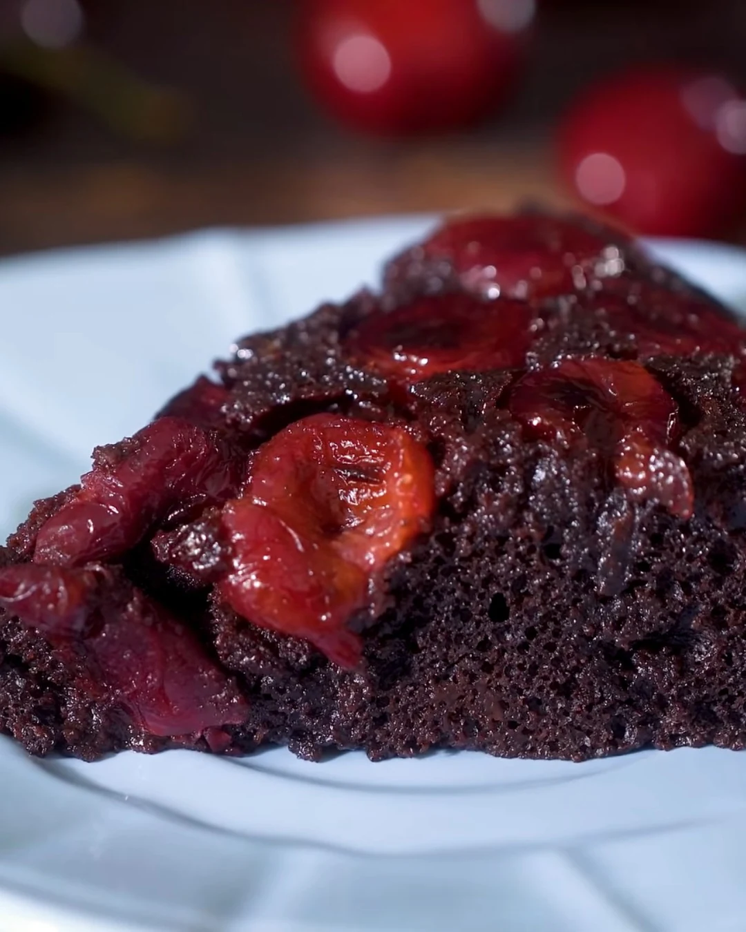 Indulge in Mom's Chocolate Cherry Upside-Down Cake finished dish