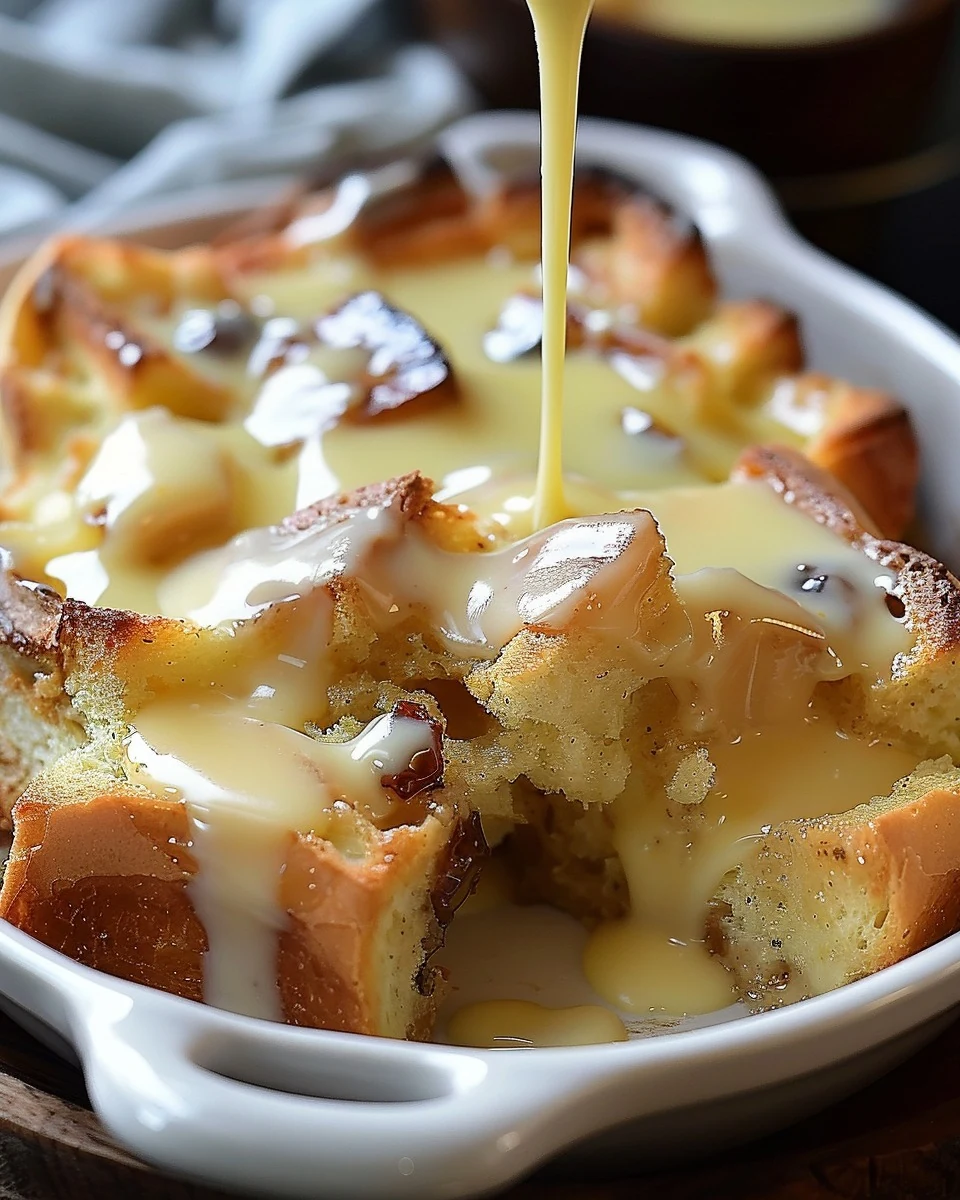 Indulge in Old-Fashioned Bread Pudding with Vanilla Sauce finished dish