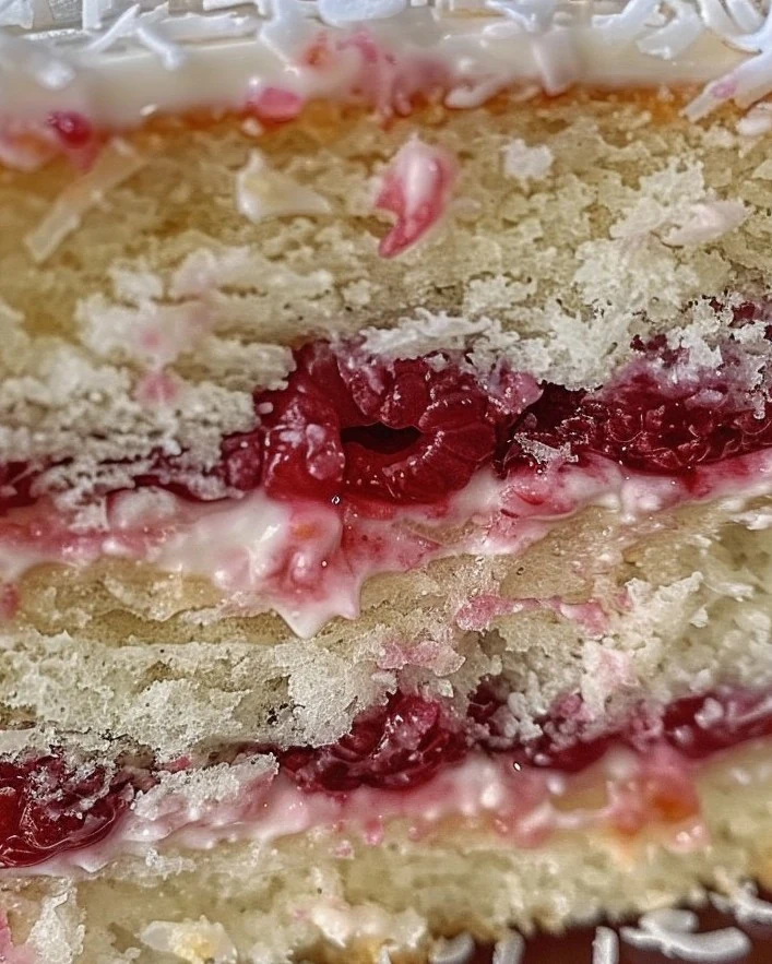 Indulge in Raspberry Filled Coconut Cake Bliss finished dish