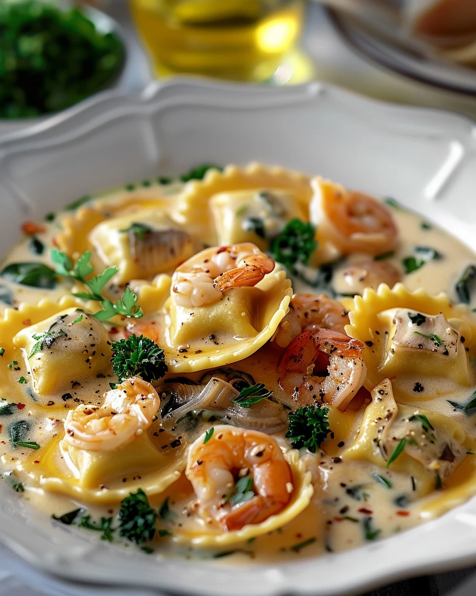 Indulge in Seafood Ravioli Delight Today finished dish