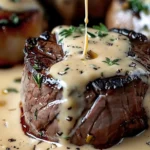 Indulge in Seared Filet Mignon with Shallot Peppercorn Cream Sauce finished dish