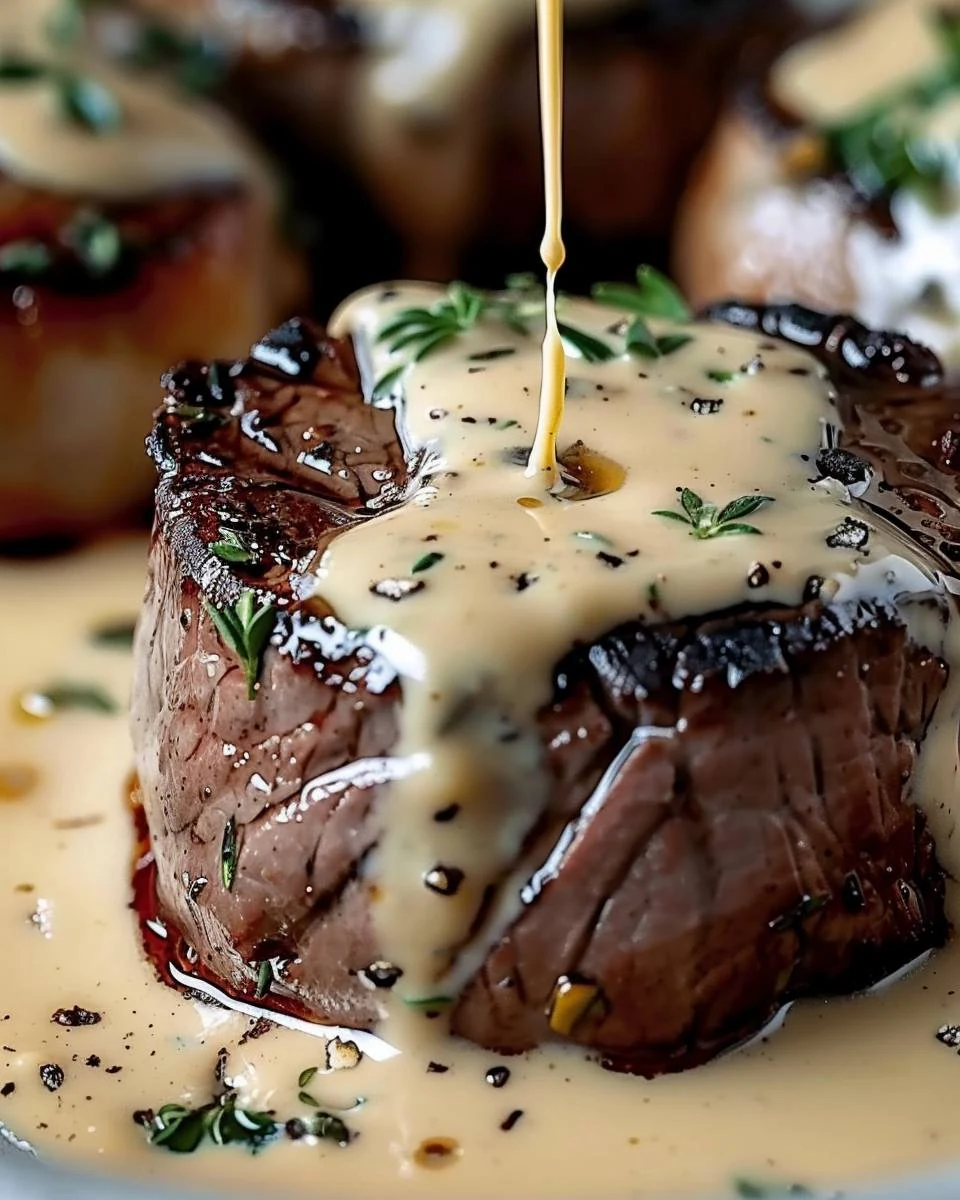 Indulge in Seared Filet Mignon with Shallot Peppercorn Cream Sauce finished dish