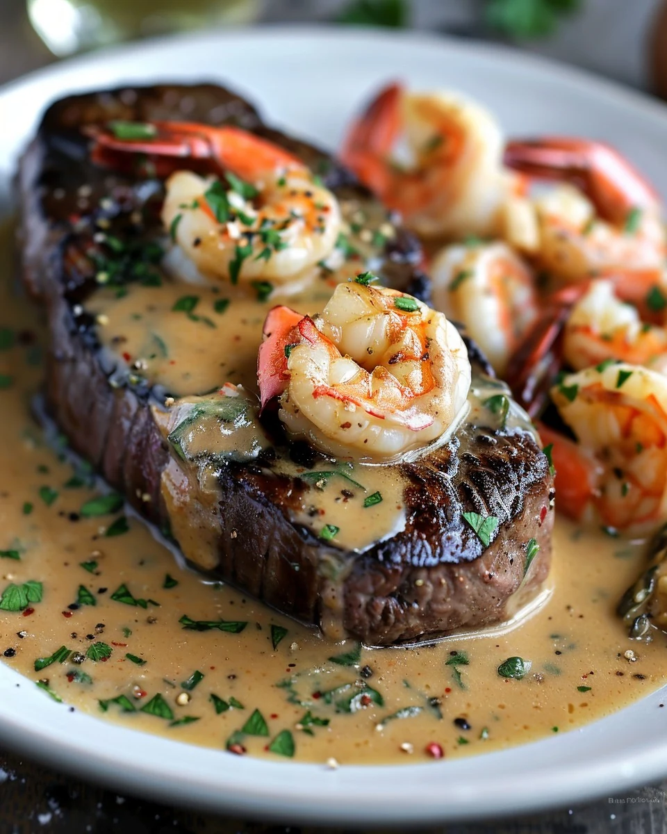 Indulge in Steak with Shrimp and Lobster Sauce finished dish