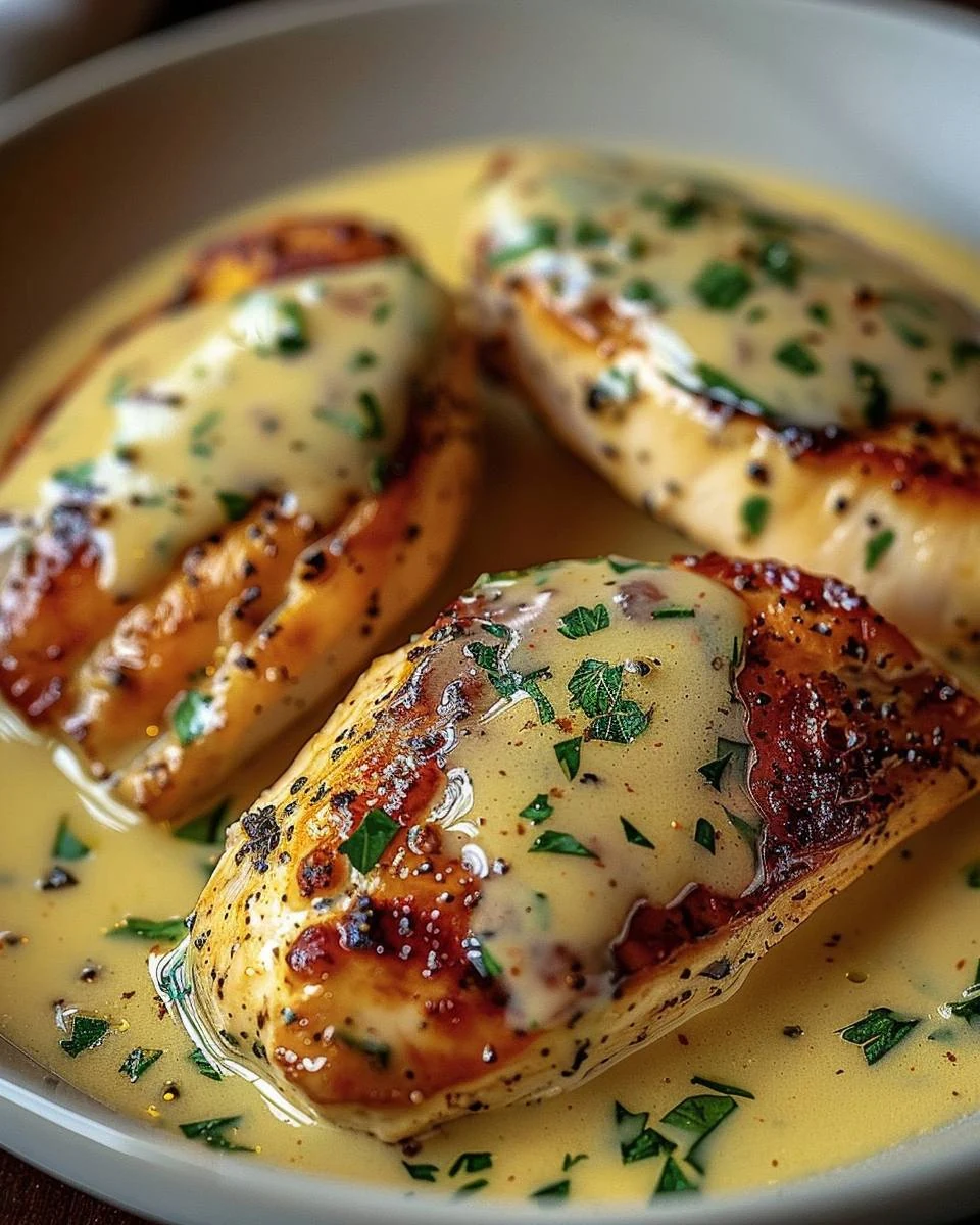 Indulge in Succulent Chicken Breasts in a Luxurious Mustard Cream Sauce finished dish