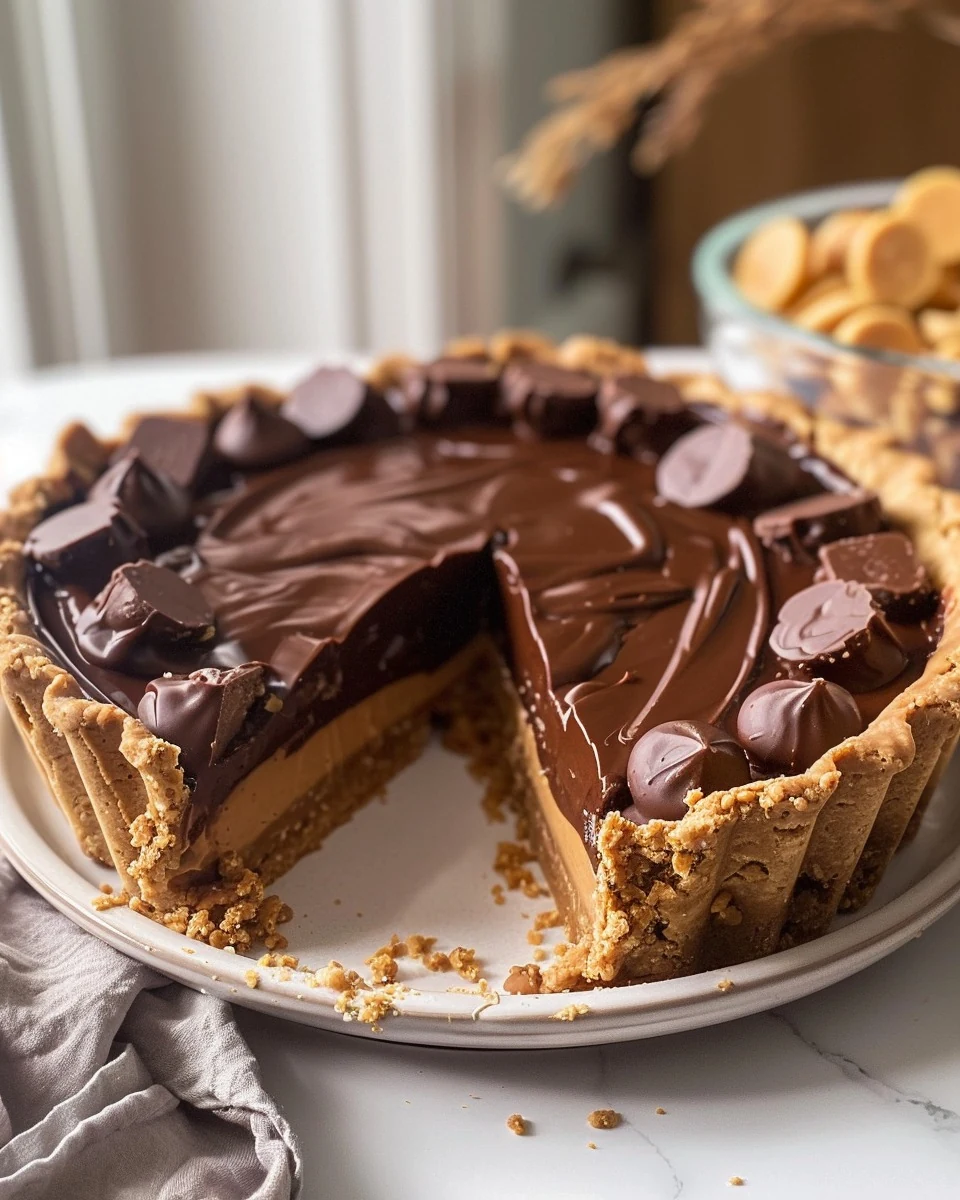 Indulge in the Giant Reese's Peanut Butter Cup Pie finished dish