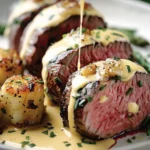 Indulge with Crab Stuffed Beef Tenderloin and Bearnaise Sauce finished dish