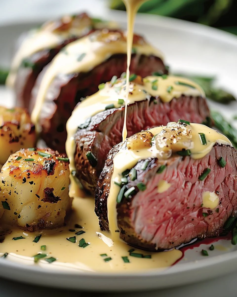 Indulge with Crab Stuffed Beef Tenderloin and Bearnaise Sauce finished dish